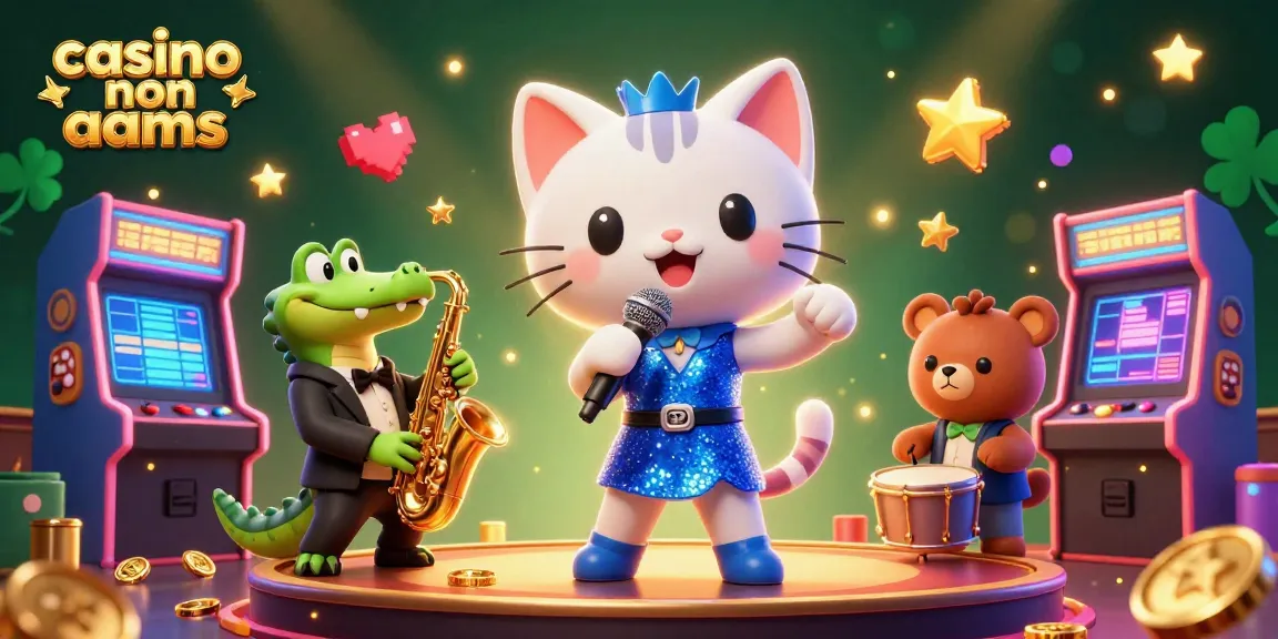Scopri il brivido dei casino non aams con un'illustrazione vibrante in 3D a tema jazz, caratterizzata da personaggi dei cartoni animati e elementi di gioco.