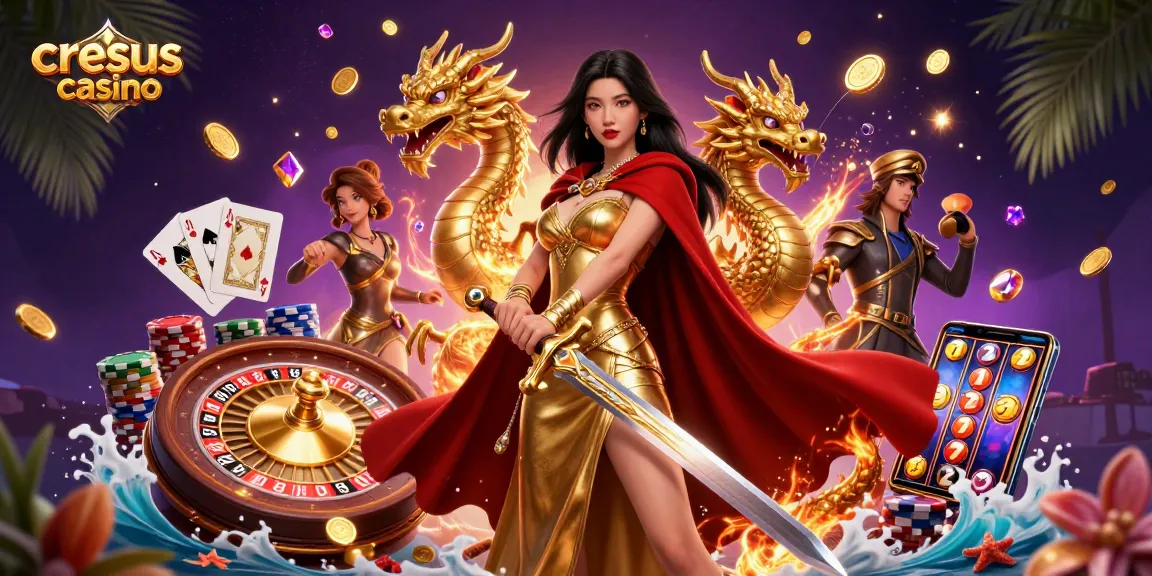Cresus Casino capture l'excitation de la victoire avec des éléments vibrants et des personnages saisissants dans une scène de jeu dynamique.