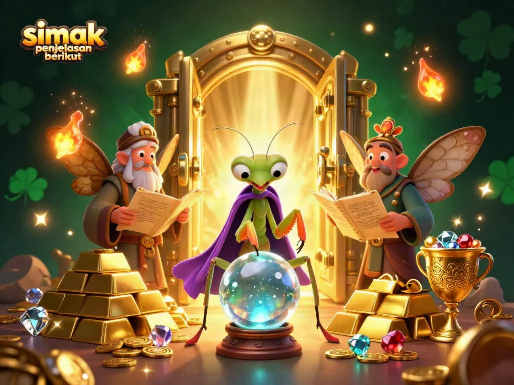 Simak penjelasan berikut: ilustrasi 3D kasino menggambarkan mantis keberuntungan dan kupu-kupu bijak dikelilingi harta karun yang bersinar.