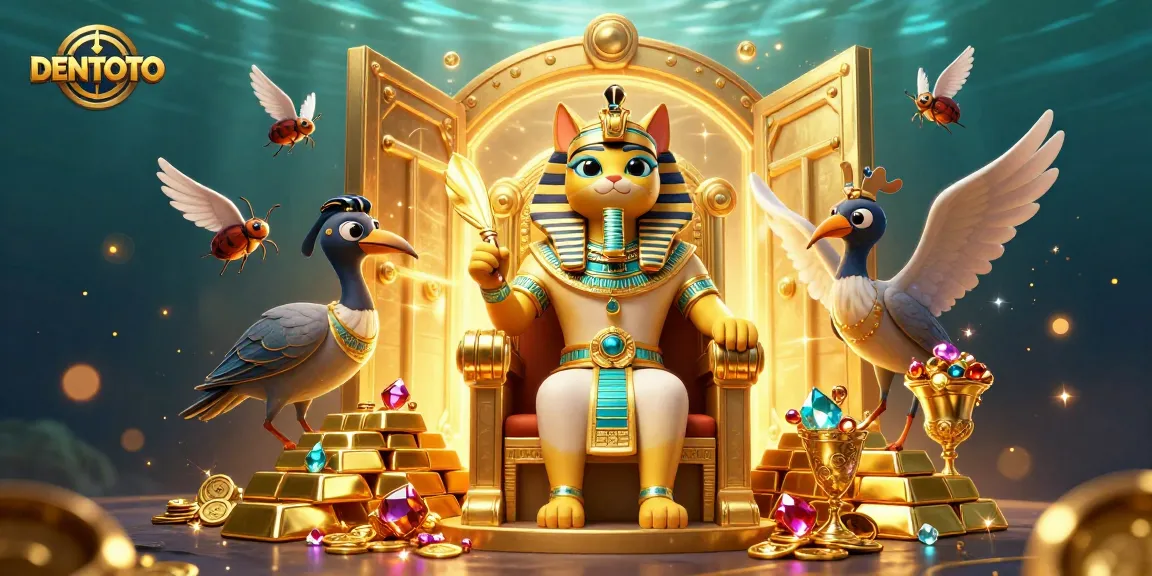 DENTOTO delivers thrilling slot actions with a vibrant Egyptian-themed illustration featuring a pharaoh cat and treasures.
