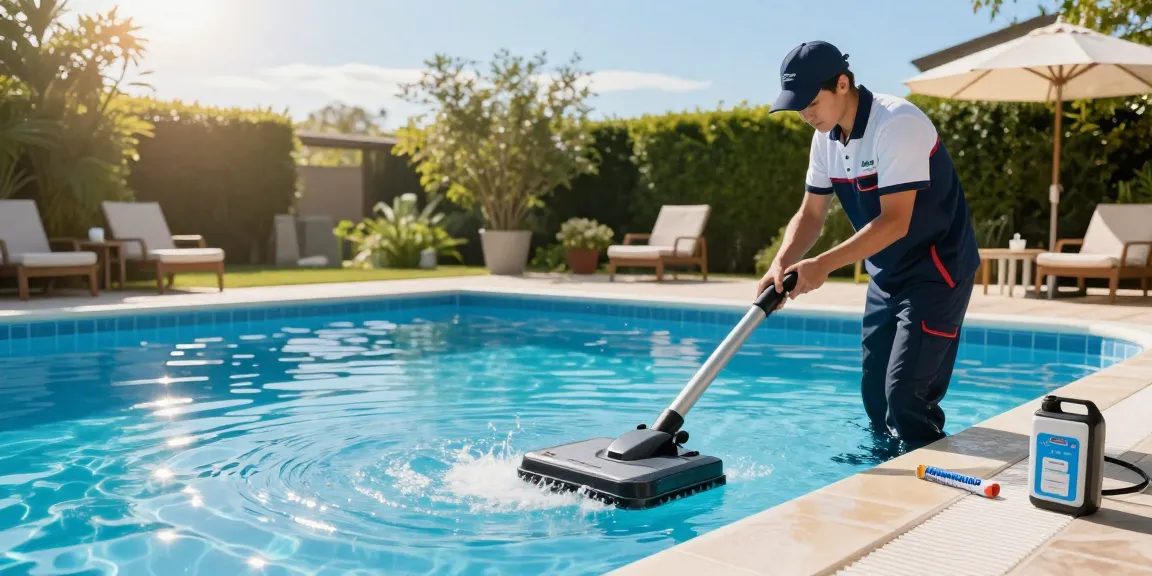 Professional pool technician performing čišćenje bazena with vacuum, surrounded by greenery and sunny atmosphere.