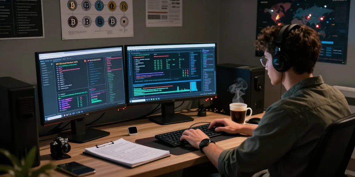 Researching the Best Darknet Markets 2026 with data analysis on multiple screens in a dimly lit office environment.