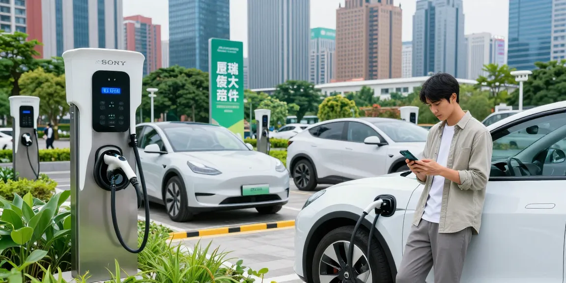 Driver checking smartphone while charging an electric vehicle, showcasing EV technology in urban setting.