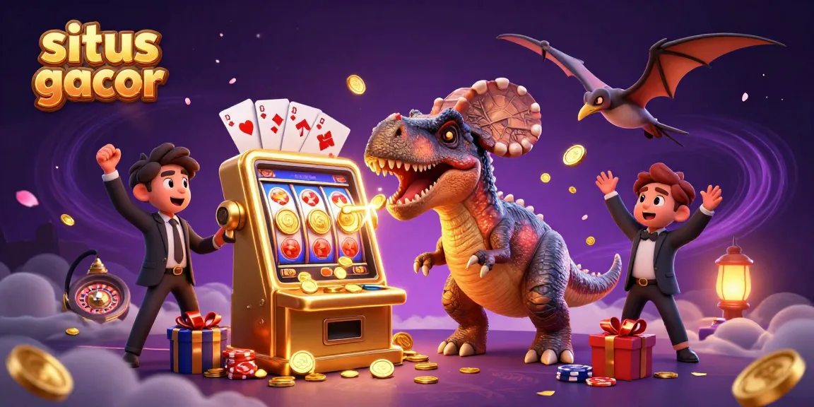Experience the exciting situs slot gacor with a 3D illustration of a dino-themed slot adventure.