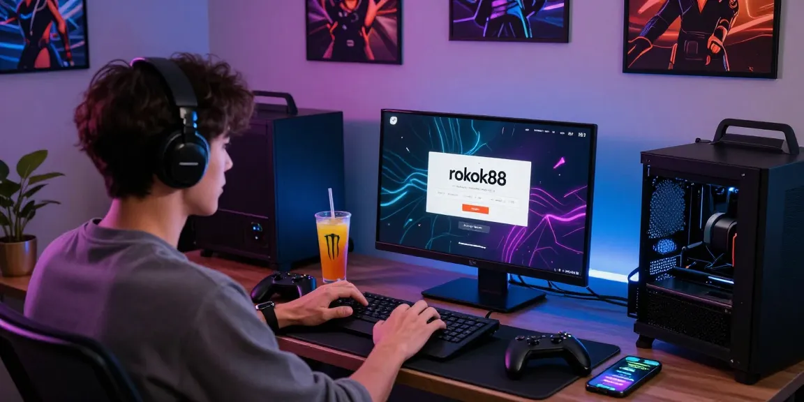A young adult engaging with the rokok88 login screen in a modern gaming setup, showcasing excitement and readiness.