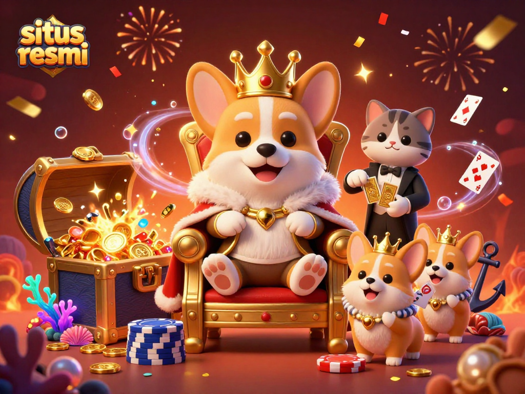 Engage in gaming excitement at situs resmi with royal corgi and vibrant casino elements alight.