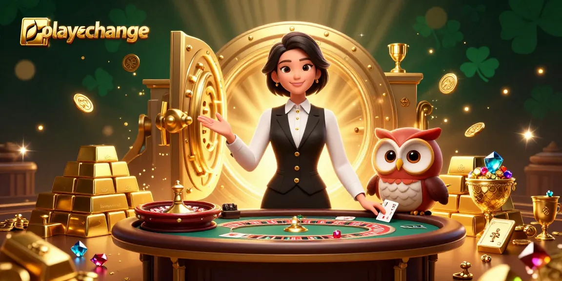 Playexchange offers an engaging casino experience with a friendly dealer scene including a baccarat table.