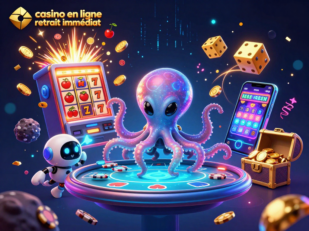 Casino en ligne retrait immédiat avec une illustration d'un poulpe alien et une table de poker holographique