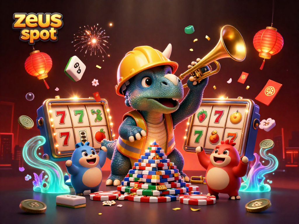 Experience the excitement of zeus slot with 3D characters celebrating a jackpot with vibrant casino elements.