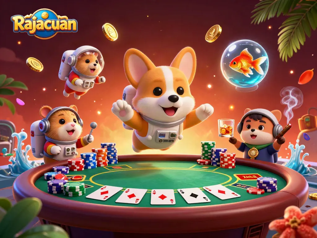 Rajacuan casino scene featuring an astronaut corgi amidst floating poker chips and gold coins in zero gravity.