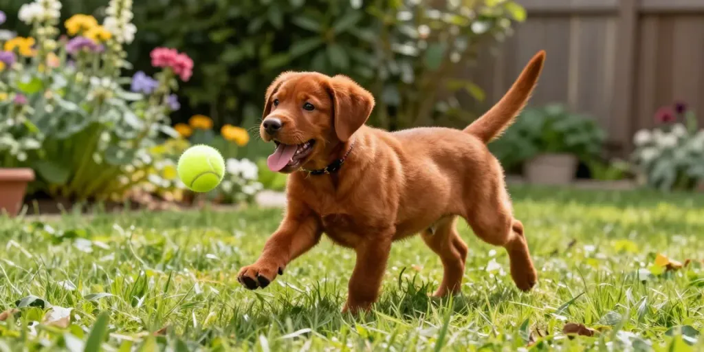 Fox Red Labrador puppy joyfully running in the backyard, vibrant coat and playful energy evident.
