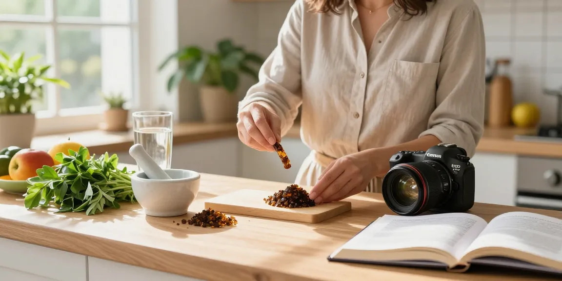 Holistic wellness kitchen scene showing the preparation of Shilajit Australia resin with natural ingredients and sunlight.