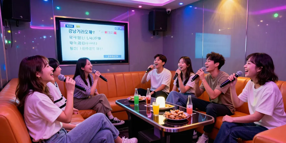 Vibrant scene of friends enjoying 강남가라오케 with colorful lights and microphones.