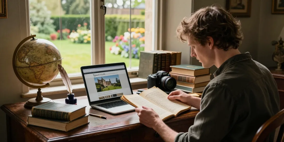 Immersive reading experience at https://tyntescastle.com, showcasing a storyteller surrounded by historical artifacts and a laptop.