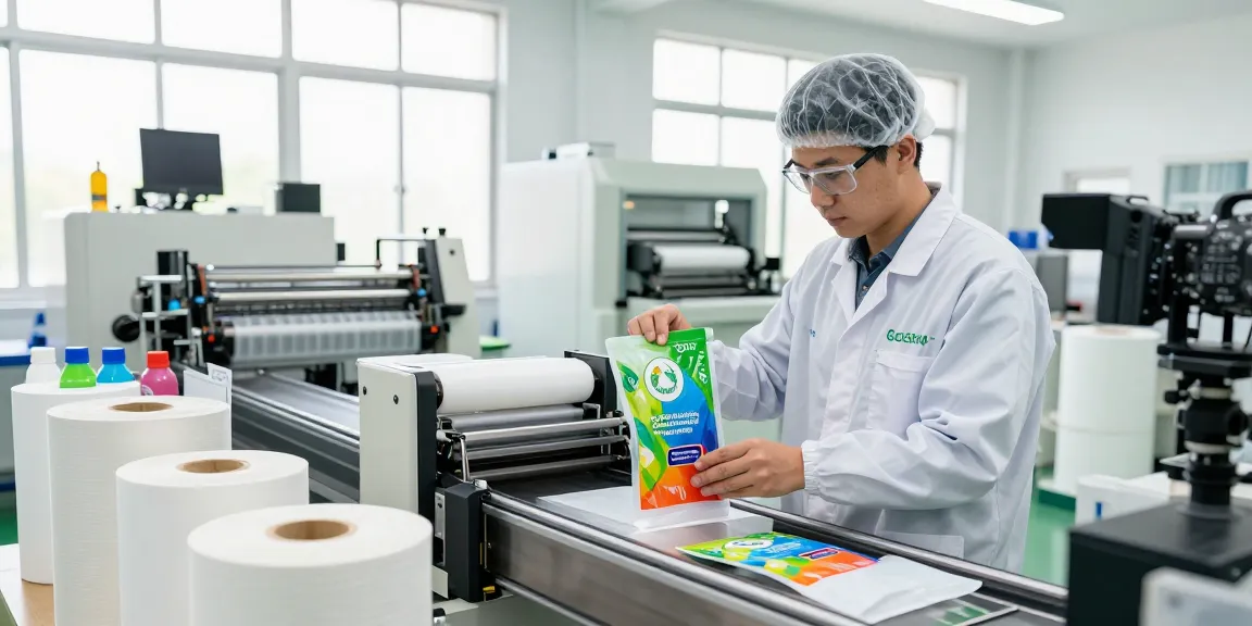 Technician inspecting recyclable stand up pouches at Gozen Packaging's eco-friendly manufacturing facility.