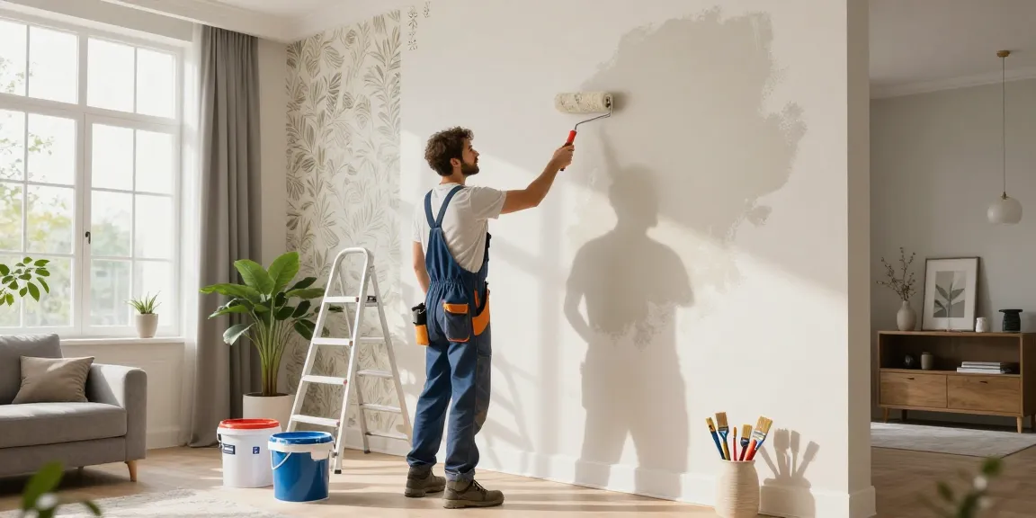 Renovation process in a modern living room with skilled contractor painting a wall, tools, and stylish decor.