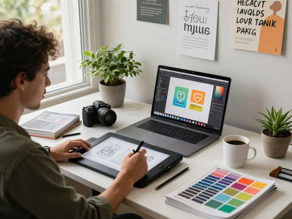 Grafik freelancer pracujący nad projektowaniem logo w nowoczesnym biurze przy naturalnym świetle