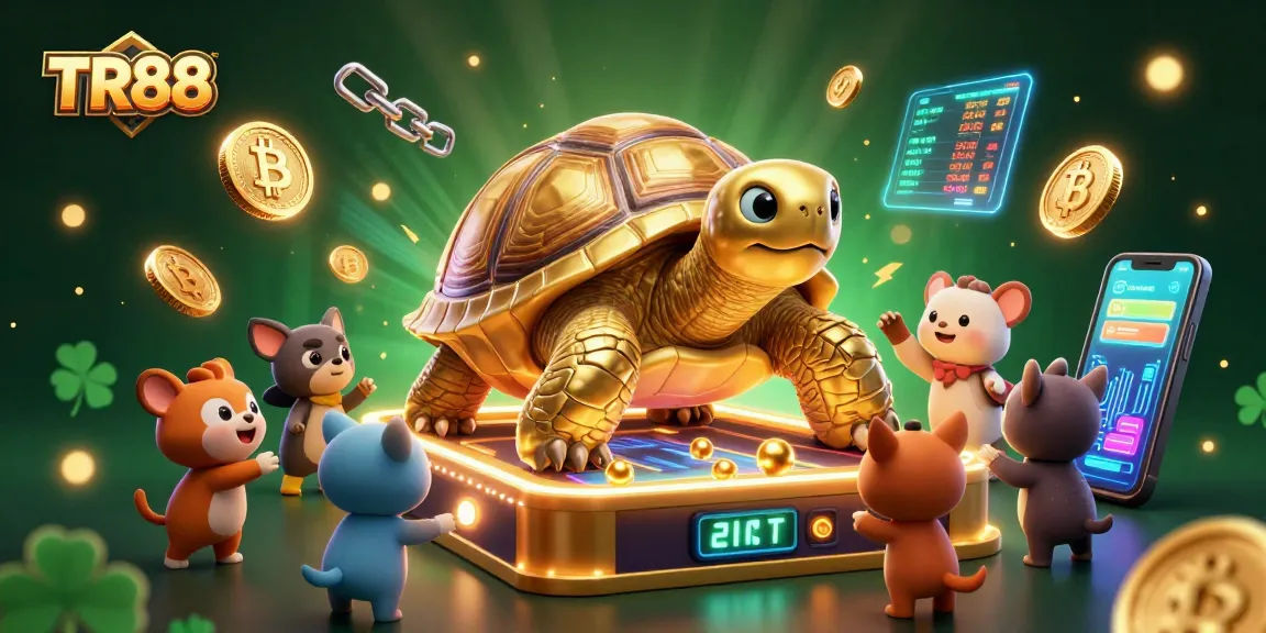 Experience the thrill of gaming with TR88, showcasing a pinball tortoise and glowing crypto elements.
