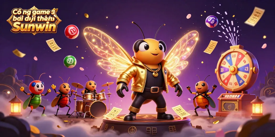 Cổng game bài đổi thưởng Sunwin features a lively scene with vibrant game elements and animated characters performing.