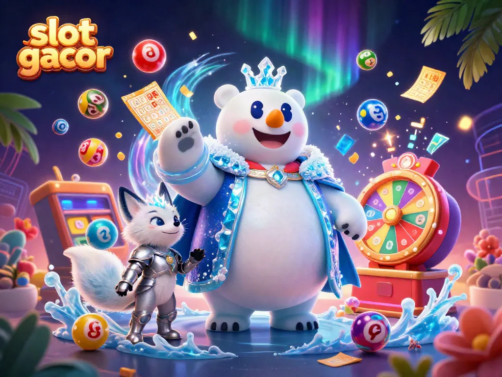 Mengguncang permainan slot gacor dengan slot mesin berputar, dikelilingi angka lotere berwarna-warni dan jackpot.