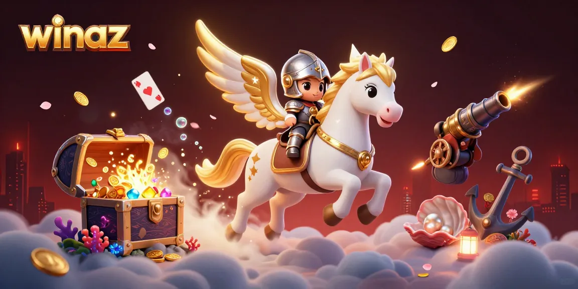 Experience the thrill of winaz with a magical knight and celestial horse amidst vibrant casino treasures.