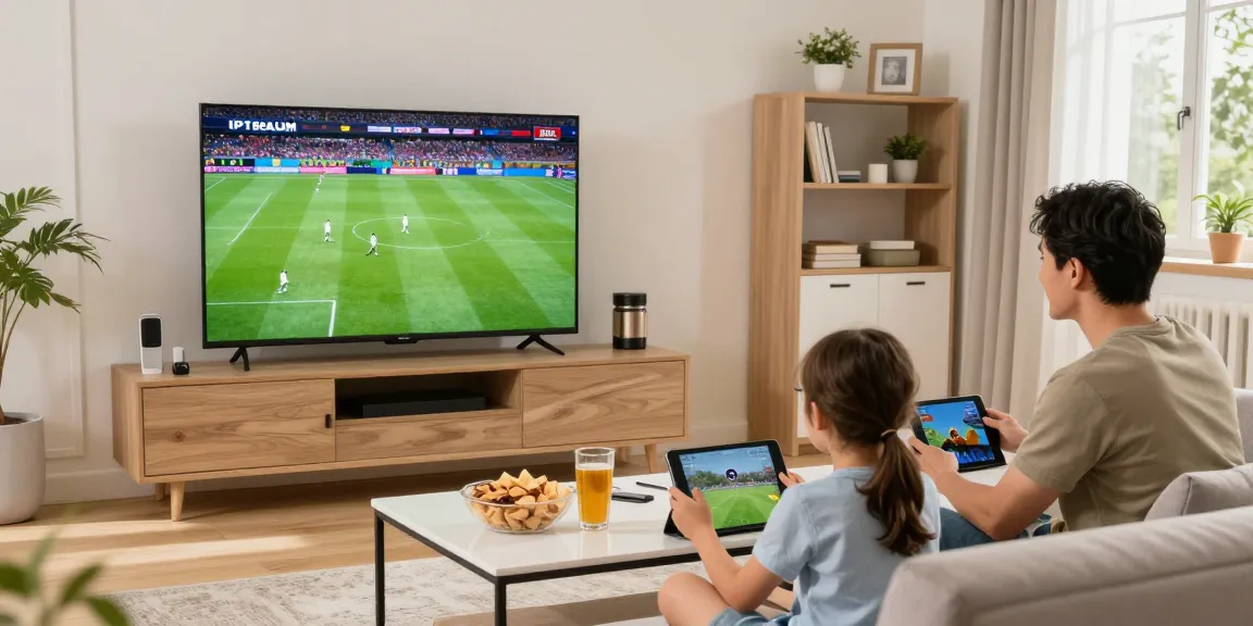 Famille profitant de l'iptv belgique dans leur salon moderne.