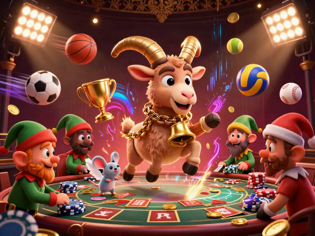 Experience the festive thrill of ppg88 with a cartoon Krampus goat and playful characters in an exciting casino ambiance.