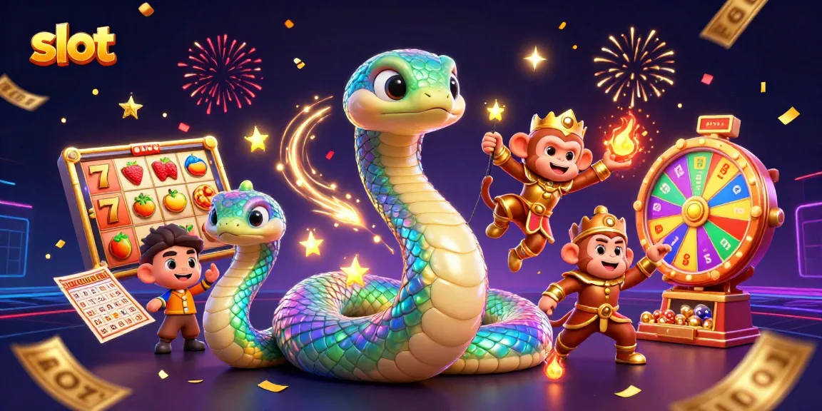 Slot dengan karakter naga berwarna-warni berputar di sekitar pilar emas, dikelilingi permainan kasino.