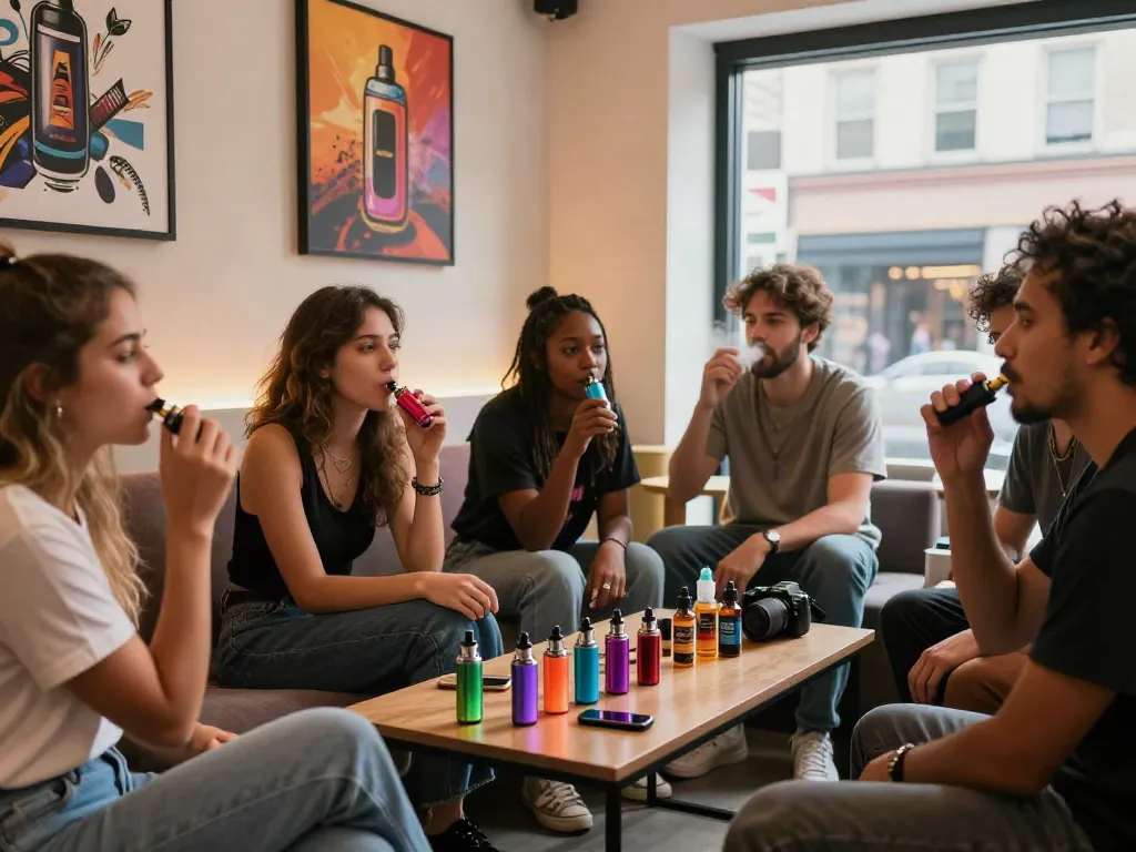 Vapers gathering in a lounge enjoying various vape e liquid flavors in a vibrant setting.