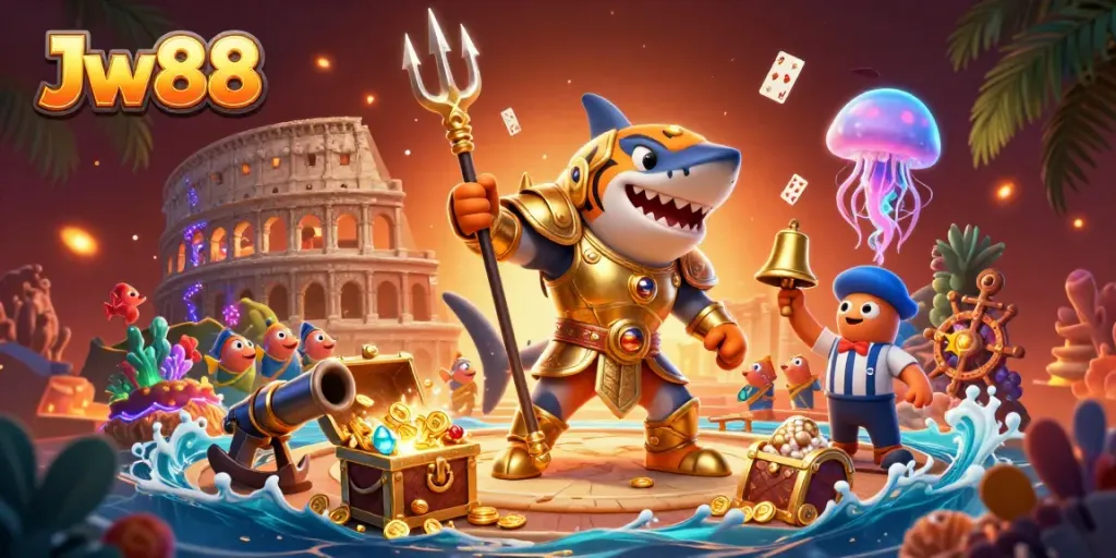 Experience the thrill of Jw88 online casino with a tiger shark gladiator amid explosive treasures and playful chaos.