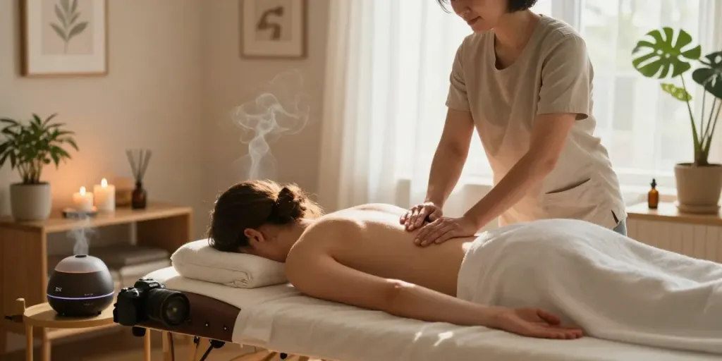 Relaxing 출장안마 session with a professional therapist in a serene home setting.