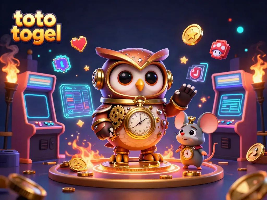 Engage with thrilling toto togel experiences through a vibrant 3D casino scene featuring an owl and arcade elements.