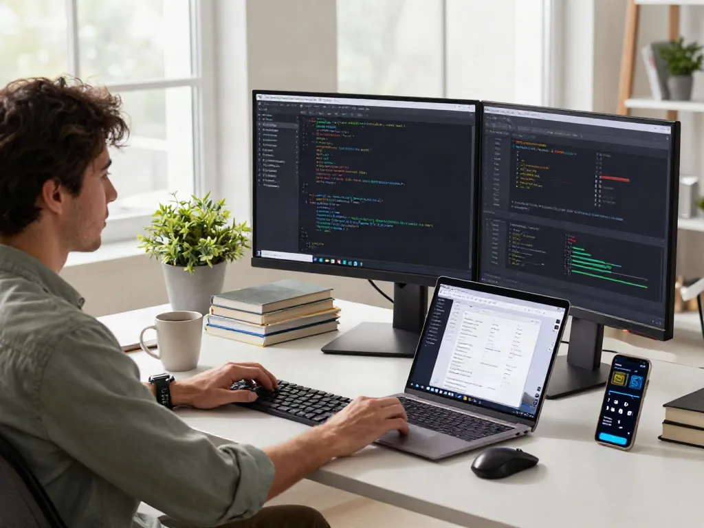 Pengembang dengan PG server yang sedang bekerja di ruang kerja modern.