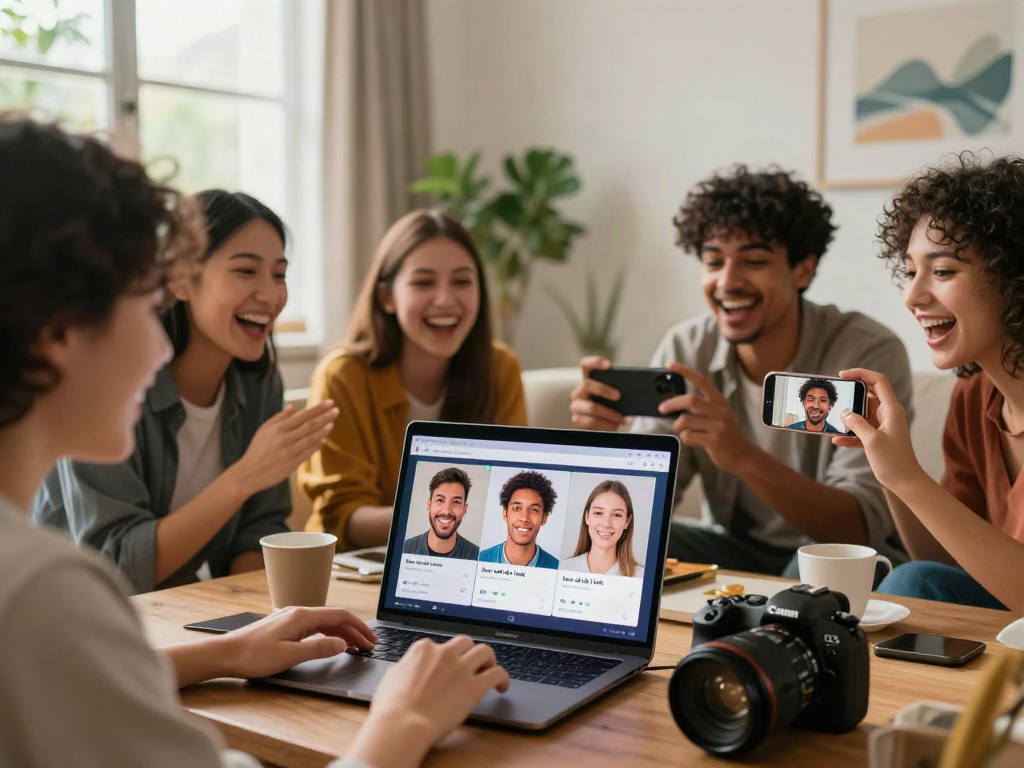 Group of friends discovering how old do I look using a facial age recognition tool on a laptop in a cozy living room.