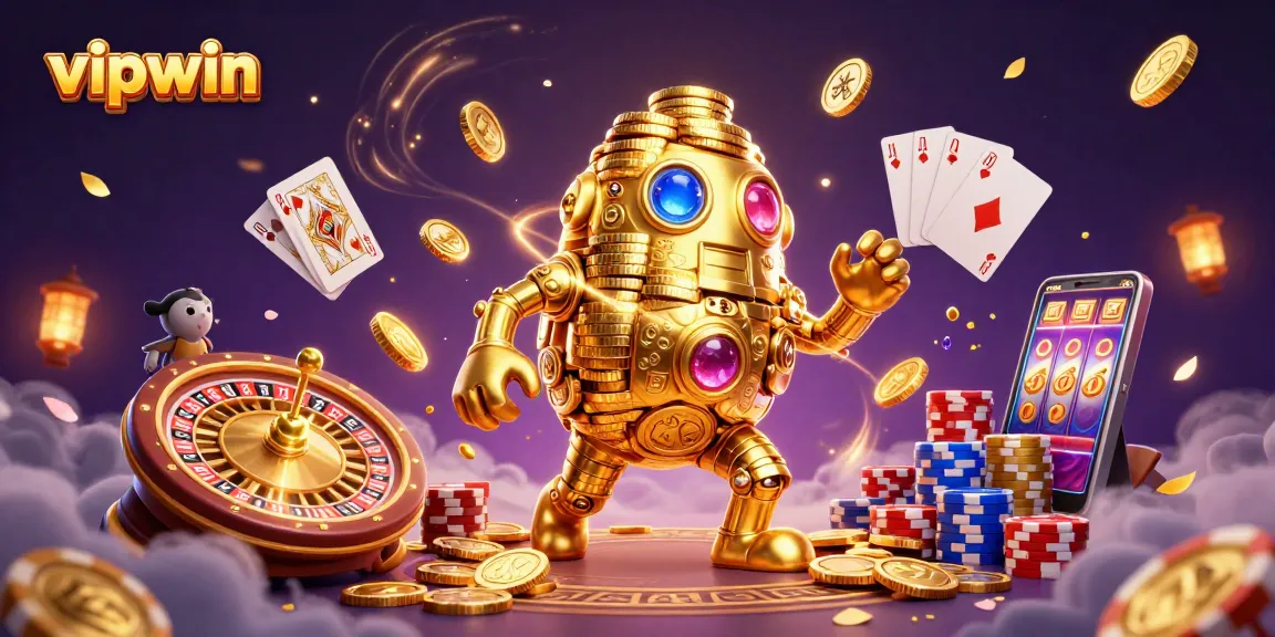 Experience the thrill of vipwin as cascading coins and gems envelop a golden golem, embodying casino excitement.