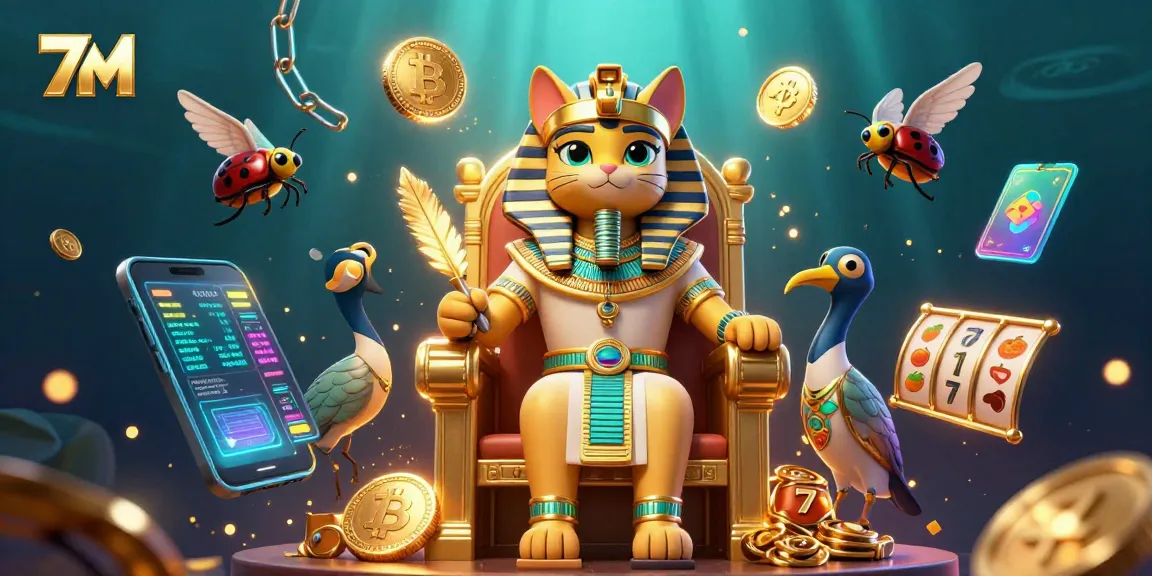 Experience thrill with 7M in this vibrant casino scene showcasing slot reels and royal Egyptian motifs.