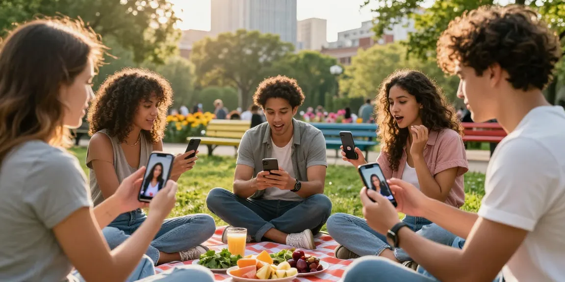 Group testing attractiveness using an AI app in a sunny urban park.