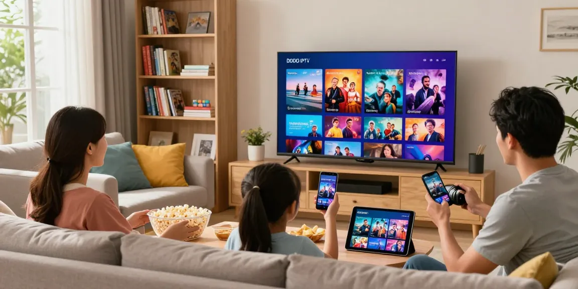 Family enjoying IPTV streaming on smart TV with snacks and mobile devices