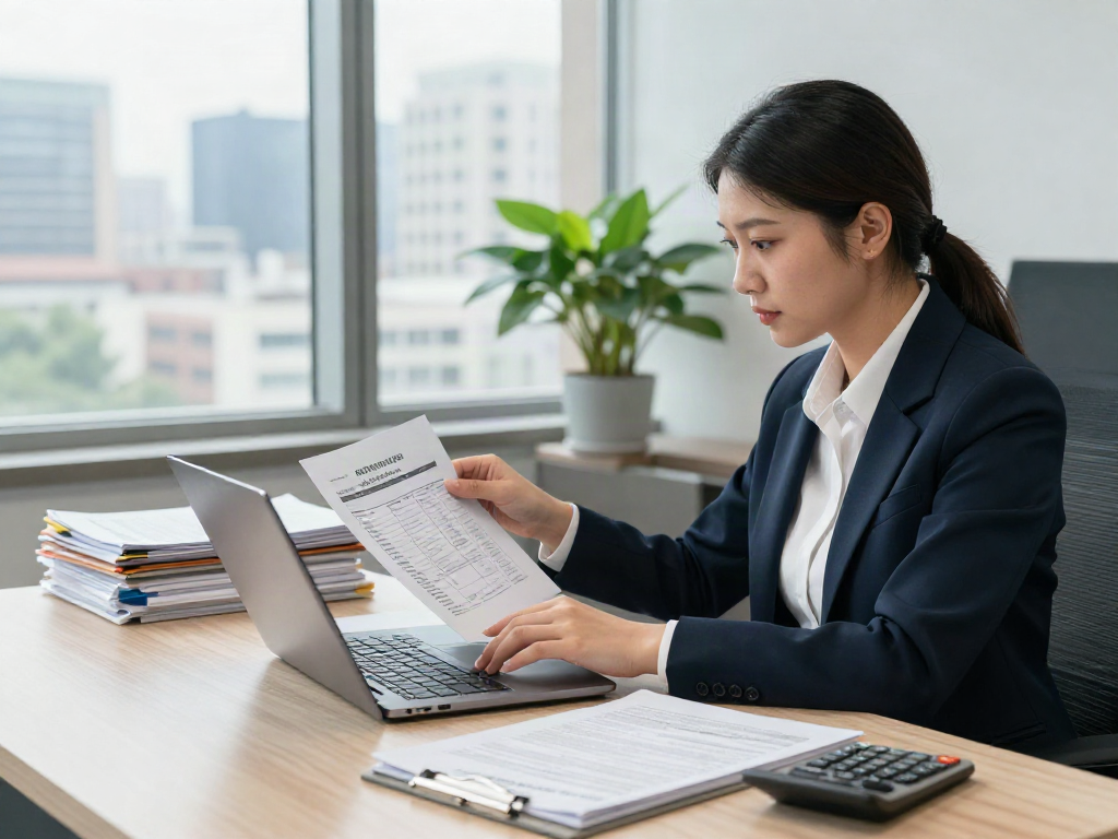 Superfund accountant efficiently reviewing financial documents in a modern office.