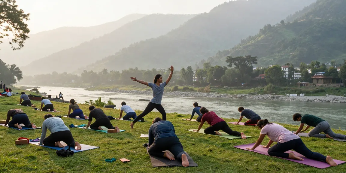 Yoga teacher training in Rishikesh with instructor guiding students through asanas in a serene natural setting.