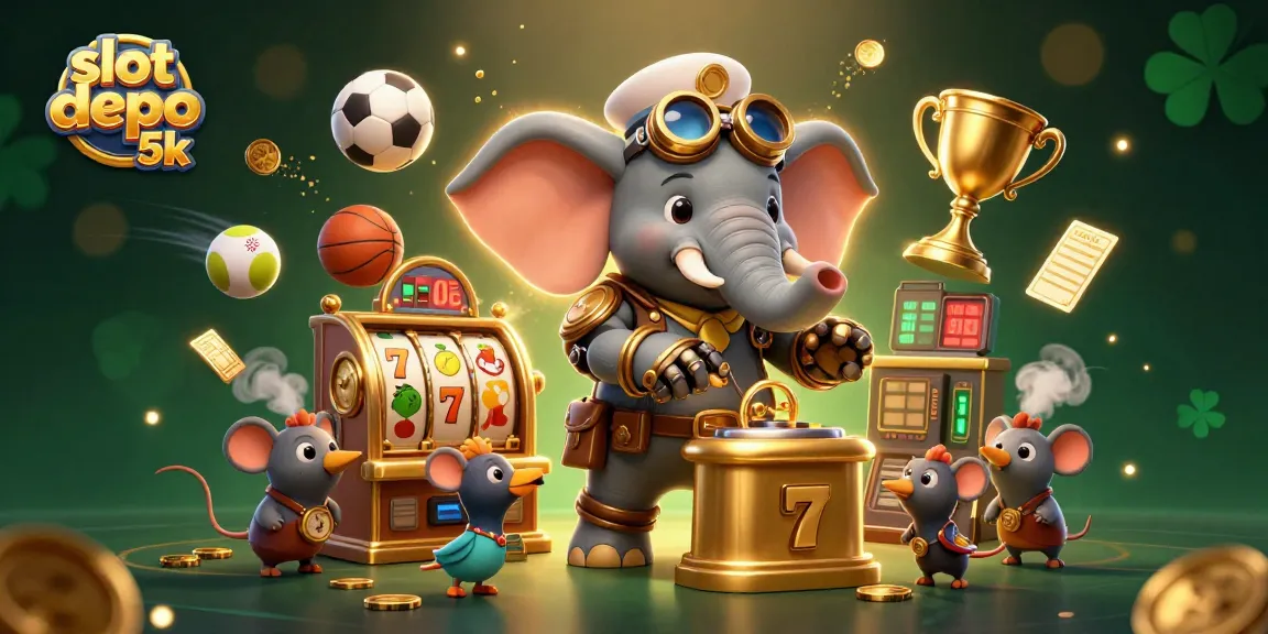 Experience thrilling slot depo 5k action with a steampunk elephant engineer at the golden slot machine amidst dynamic casino elements.