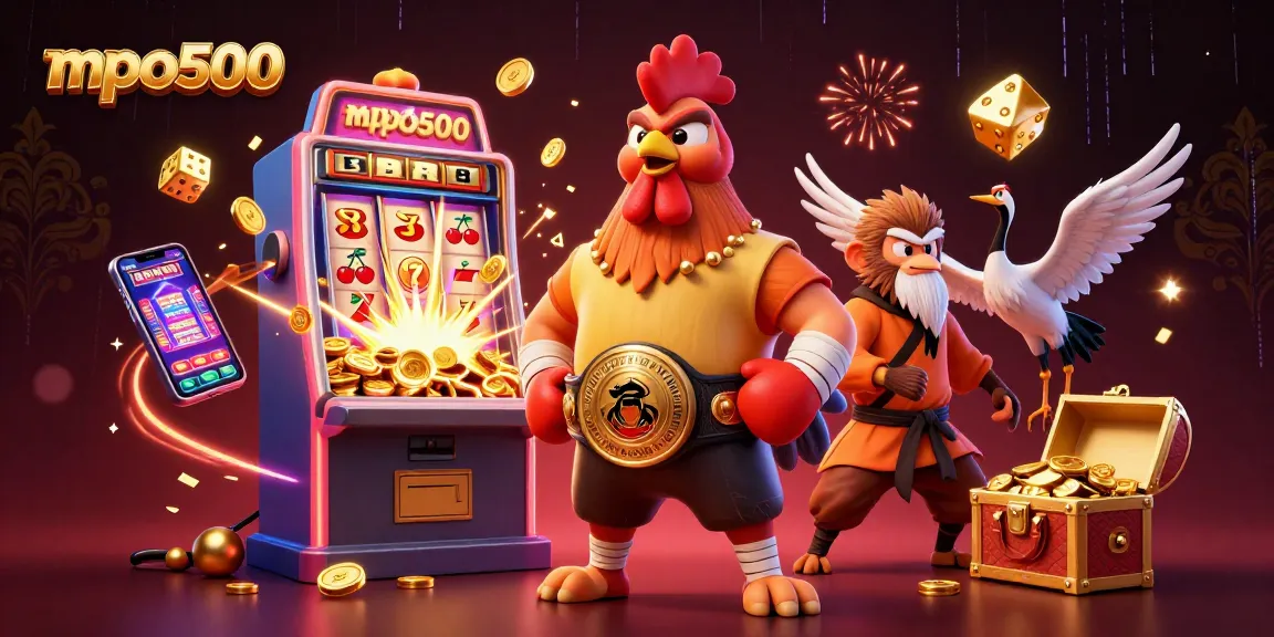 Spin the reels with mpo500's vibrant jackpot scene featuring unique cartoon characters and casino elements.