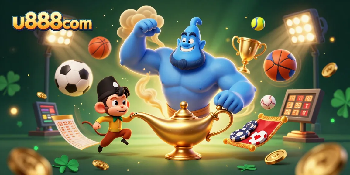 Engage with u888com's vibrant casino action featuring a genie, monkey, and poker chips.