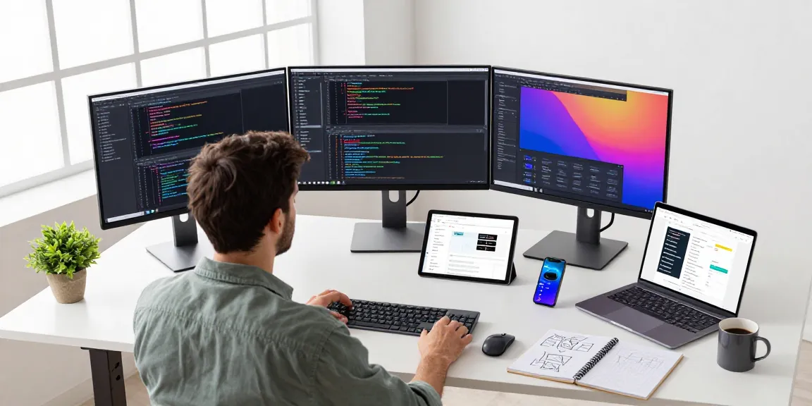 Dynamic workspace of a software developer coding with multiple screens at telegraimin.com