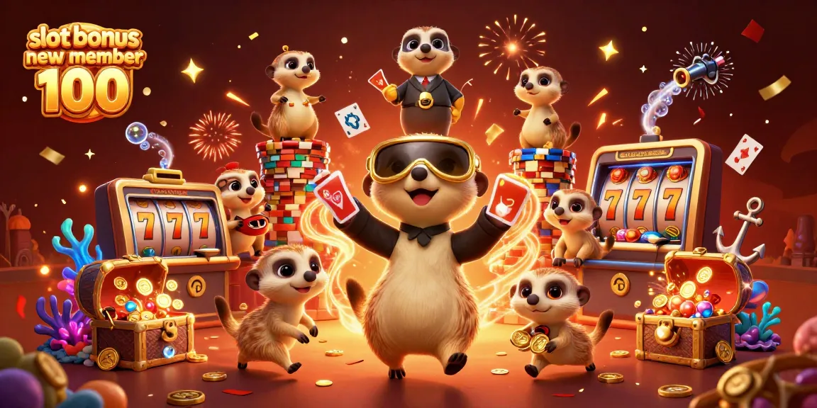 Experience the excitement of slot bonus new member 100 with lively meerkats managing a vibrant casino scene.