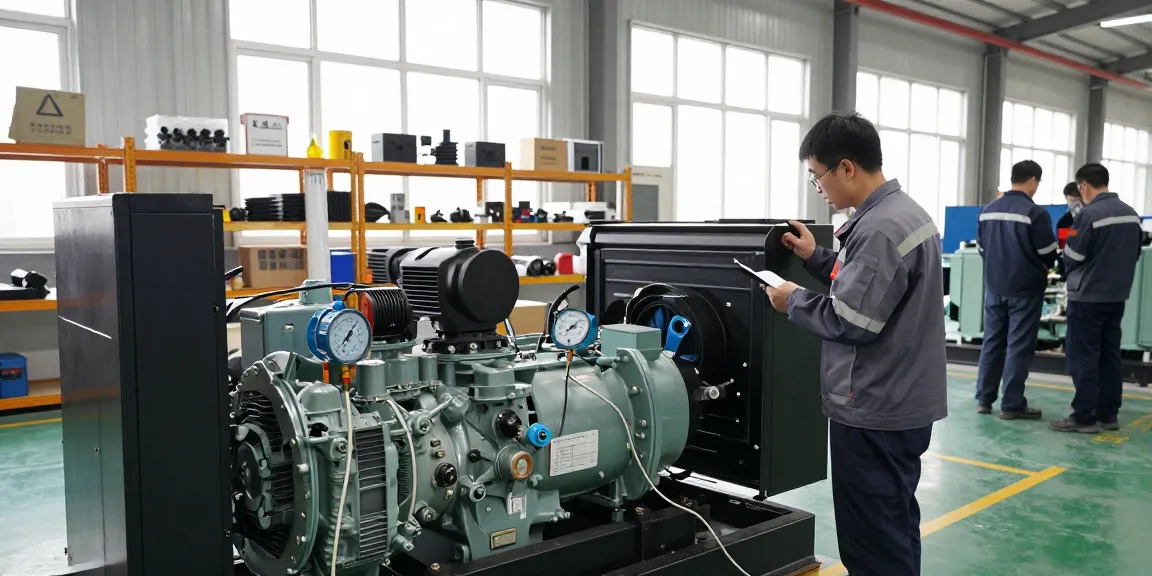 Technician inspecting a generator in a modern manufacturing facility, showcasing expertise of a generator manufacturer.