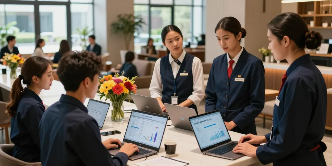 Collaboration among hotel staff discussing insights from the hospitality salary survey 2025 in a warm, inviting lobby.