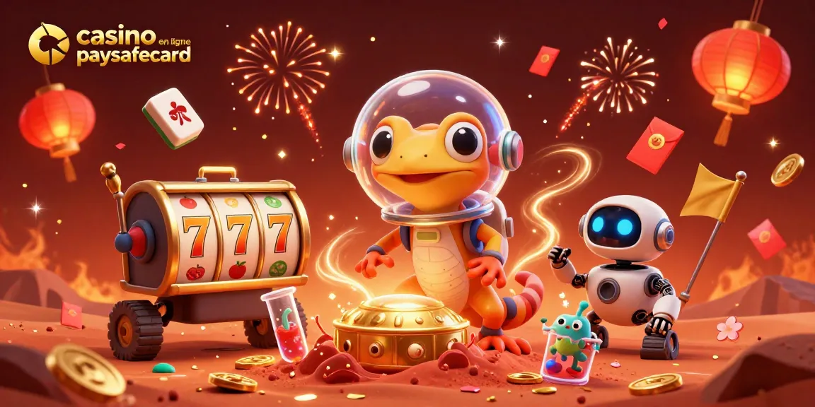 Illustration d'un gecko martien dans un casino au révélateur de la marque casino en ligne paysafecard, entouré d'éléments de jeux.