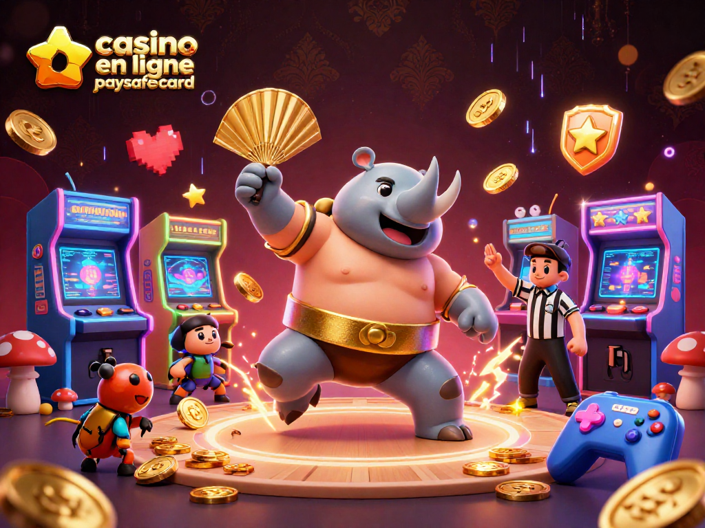Plongez dans l'univers du casino en ligne paysafecard avec une scène dynamique de compétition entre un scarabée rhinocéros et un arbitre.