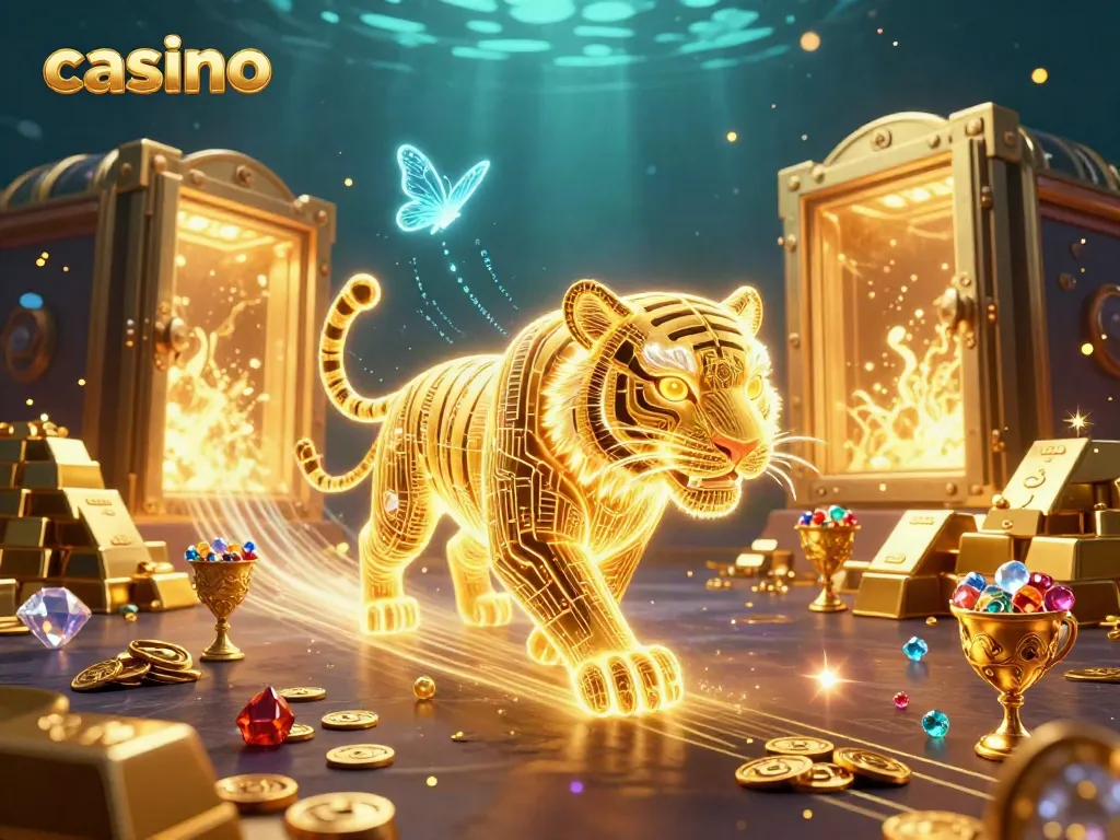 Experience the vibrant energy of a casino illustrated with a neon-wireframe tiger, treasure vaults, and dazzling gems.